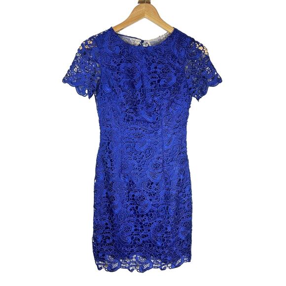 Aidan By Aidan Mattox Cobalt Blue Lace Overlay Open Back Cocktail Dress 0 XS GUC - Picture 1 of 12
